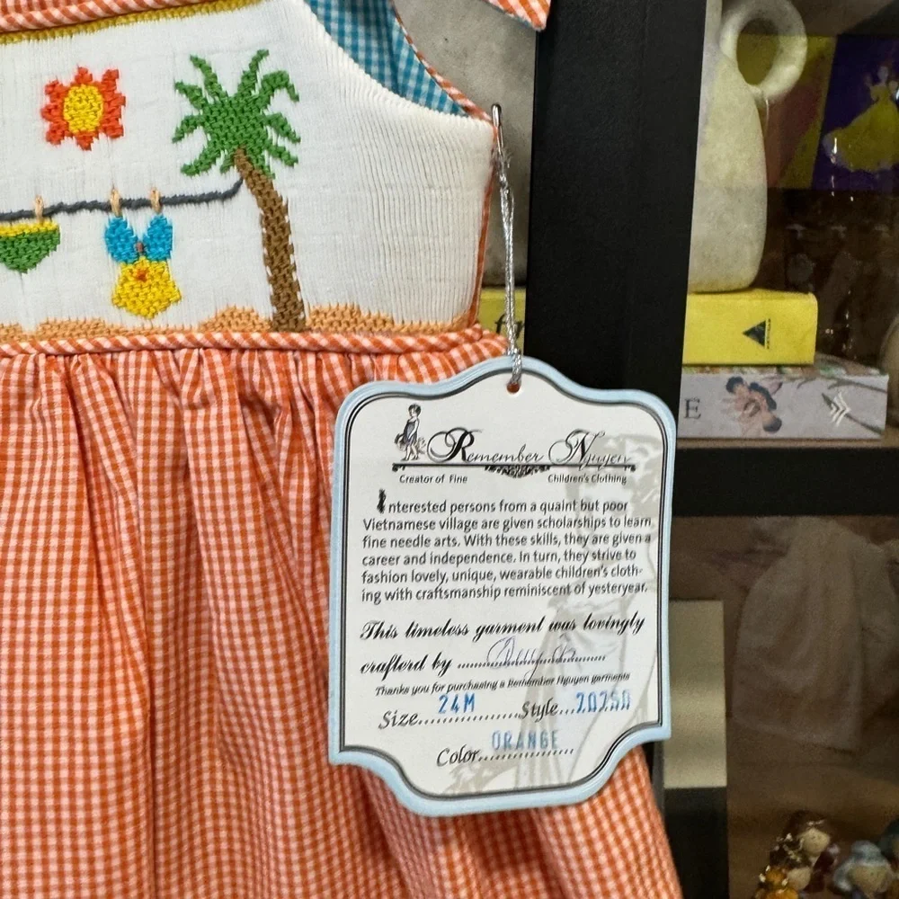 Remember Nguyen smocked dress bows toddler girl gingham palm trees beach vintage